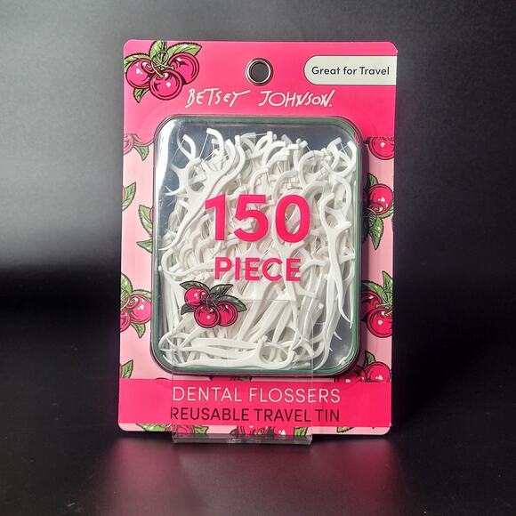 Betsey Johnson 150 Piece Dental Flossers Green Reusable Travel Tin Pink Cherries - Picture 2 of 3